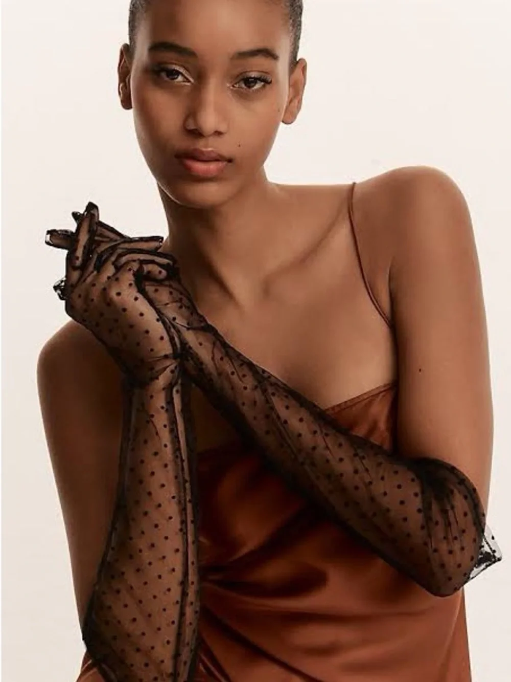 NWT Anthropologie High Heel Jungle Tulle Polka Dot Sheer Gloves Black